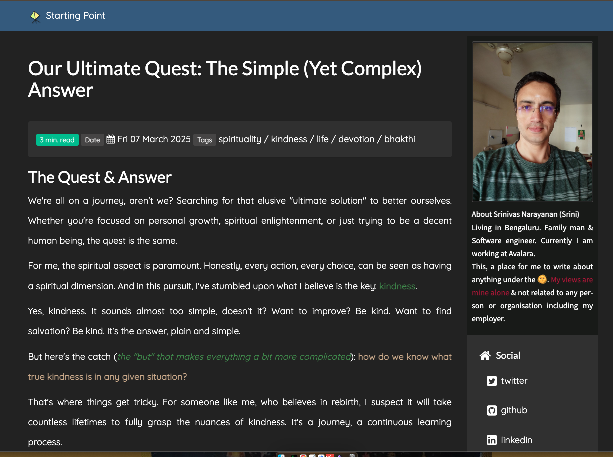 An article page on the old Pelican-based blog, dark theme, with a static sidebar and no dark/light toggle