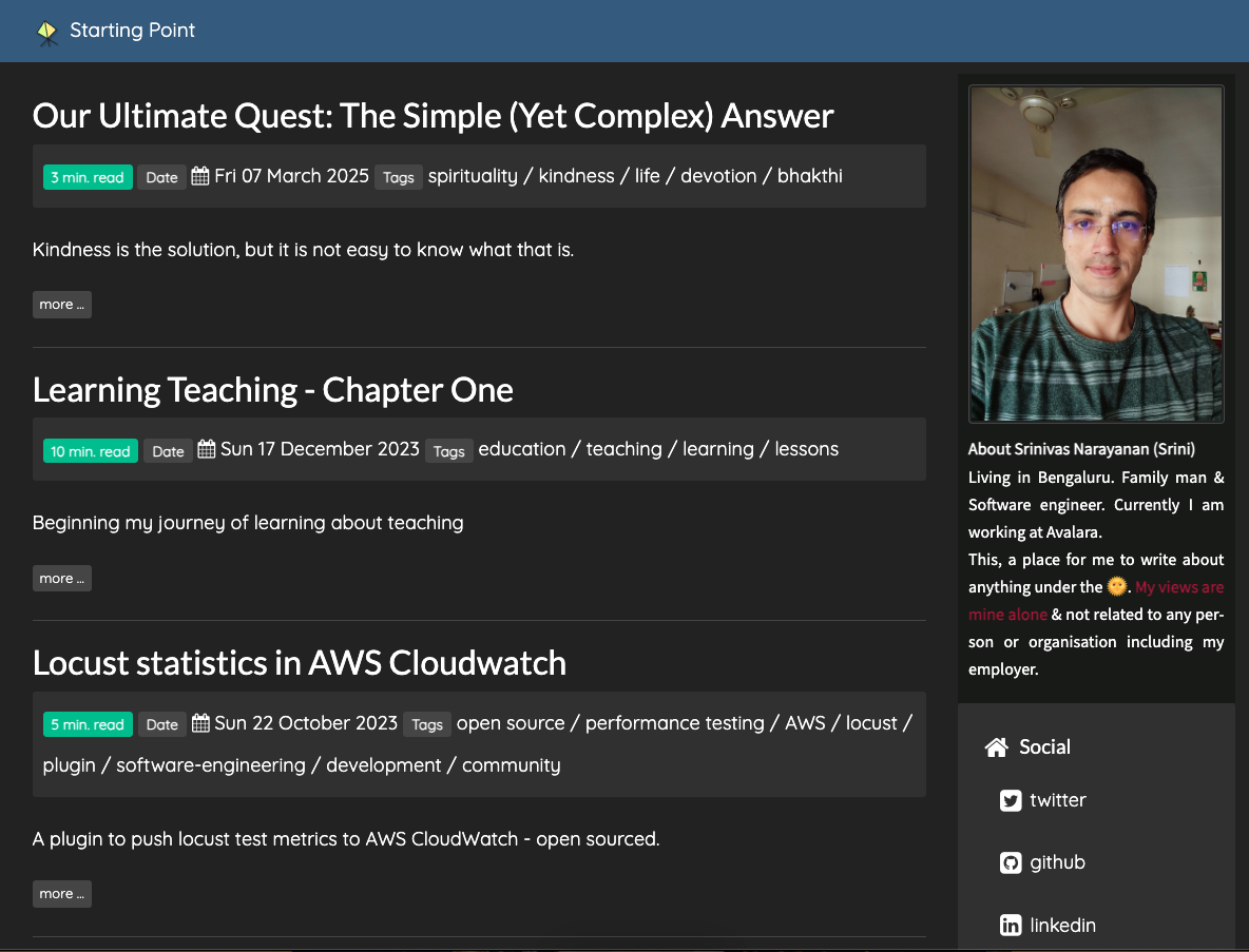 The old Pelican-based blog homepage, dark theme, listing posts in a plain layout