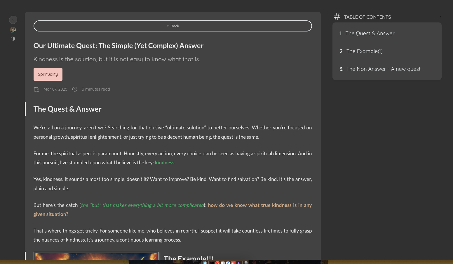 An article page on the new Hugo and Stack-based blog in dark mode, with table of contents sidebar