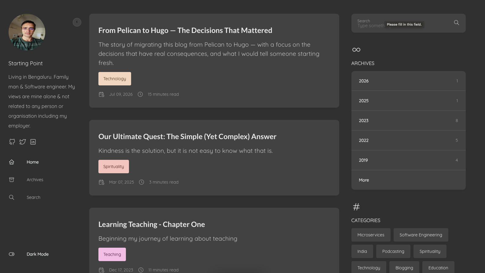 The new Hugo and Stack-based blog homepage in dark mode, showing article cards, sidebar, archives and categories widgets